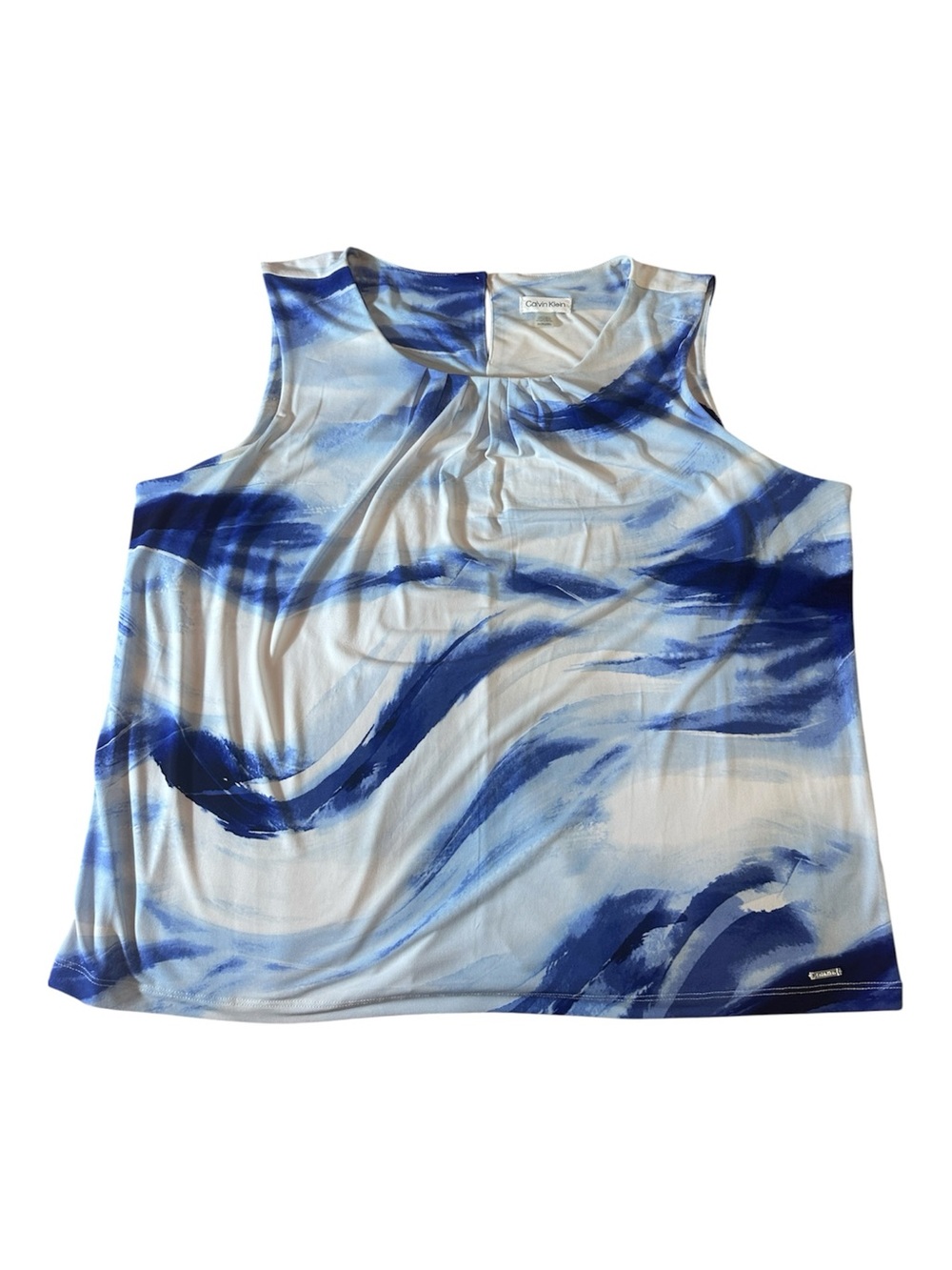 Calvin Klein Woman’s White and Blue Swirl Sleeveless Blouse Size 2X
